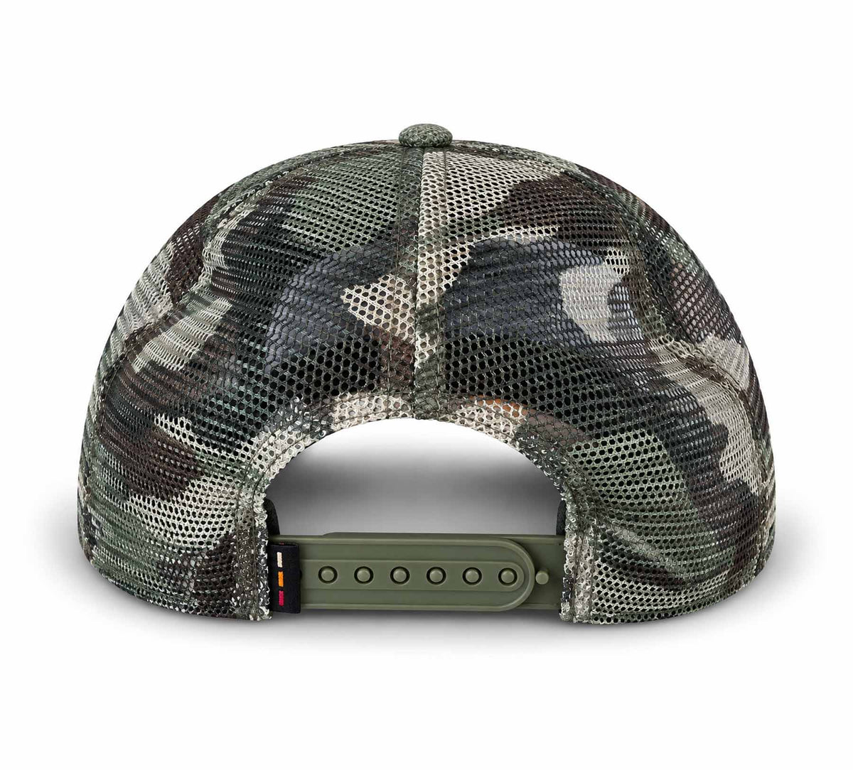 Rear view of FWD Army Camo trucker cap with a green mesh back and an olive green adjustable strap.